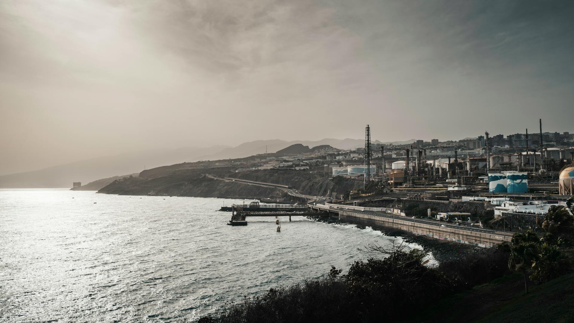 A scenic view of an industrial area along the coast of Santa Cruz de Tenerife, Spain.