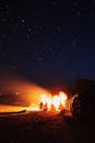 一群人在沙漠的星空下围着篝火，营造出温暖的氛围