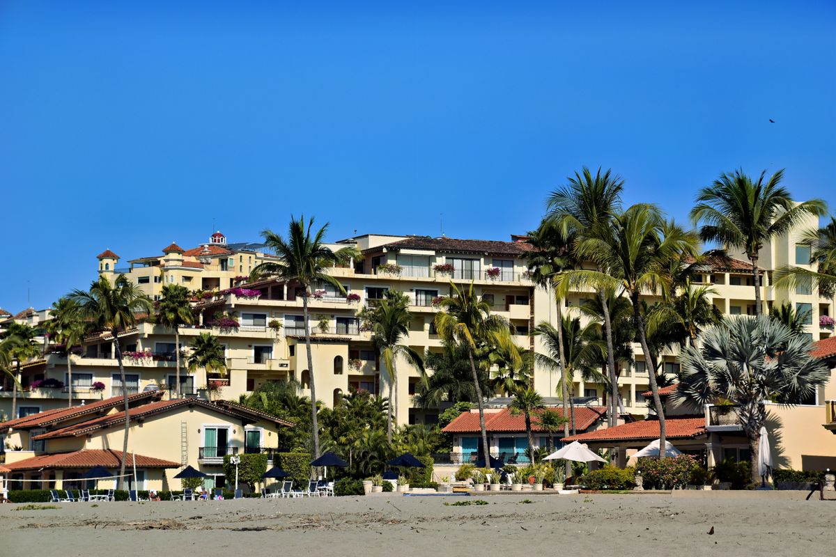 Tropical beachfront resort surrounded by palms