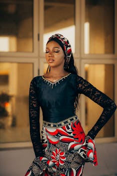 A woman in traditional African attire poses elegantly with intricate patterns and vibrant colors in Maiduguri, Nigeria.