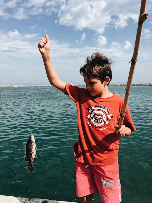 Free Boy catching fish with fishing rod Stock Photo