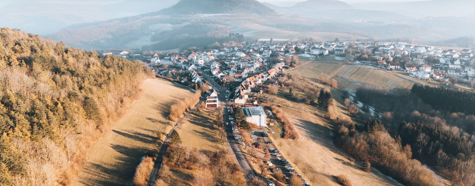 Scenic aerial view of Schwäbisch Gmünd in winter, capturing the serene German landscape.