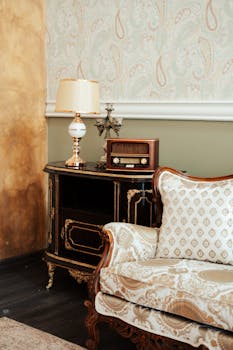 A classic vintage living room corner featuring an antique radio, lamp, and decorative furniture.