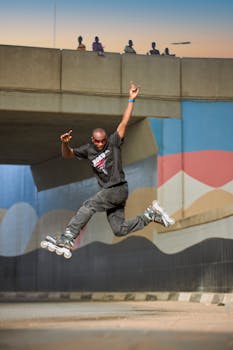 Action-packed shot of a skateboarder performing a mid-air trick under a colorful overpass.