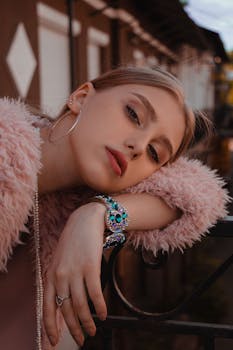 Glamorous woman in pink fur coat showcasing vibrant jewelry in an outdoor setting.