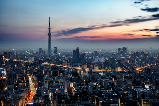 Stunning view of Tokyo with Skytree at dusk, highlighting the city's vibrant skyline.
