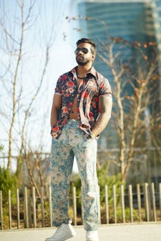 Trendy man stands confidently outside wearing floral shirt and pants, reflecting summer fashion.