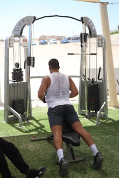 A man working out on a cable machine in an outdoor gym setting on a sunny day.