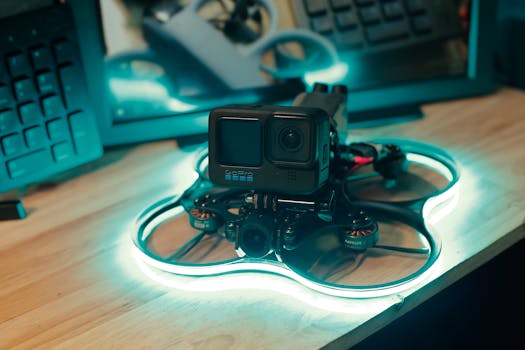 A drone with mounted action camera on a desk illuminated in ambient lighting.