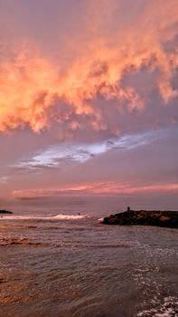 Stunning sunset with vibrant hues over Mar del Plata beach, Argentina.