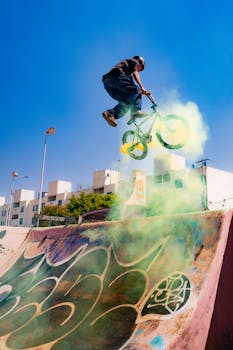 A BMX rider executing a mid-air stunt with vibrant smoke effect in a skate park.