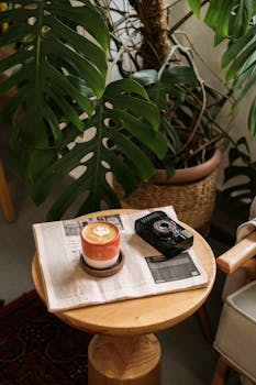 Warm indoor scene with a latte, camera, newspaper, and houseplants on a round table.