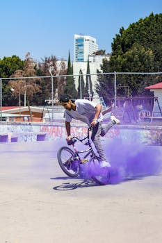 Dynamic shot of a BMX rider performing stunts with vibrant purple smoke in a sunny skatepark setting.
