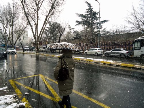 Free A person walking under an umbrella on a snowy street in Göztepe, İstanbul. Captured during the day. Stock Photo
