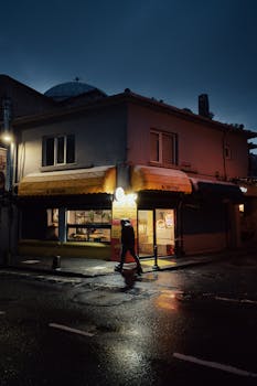 A cinematic street view in Istanbul at night, featuring a brightly lit shop.