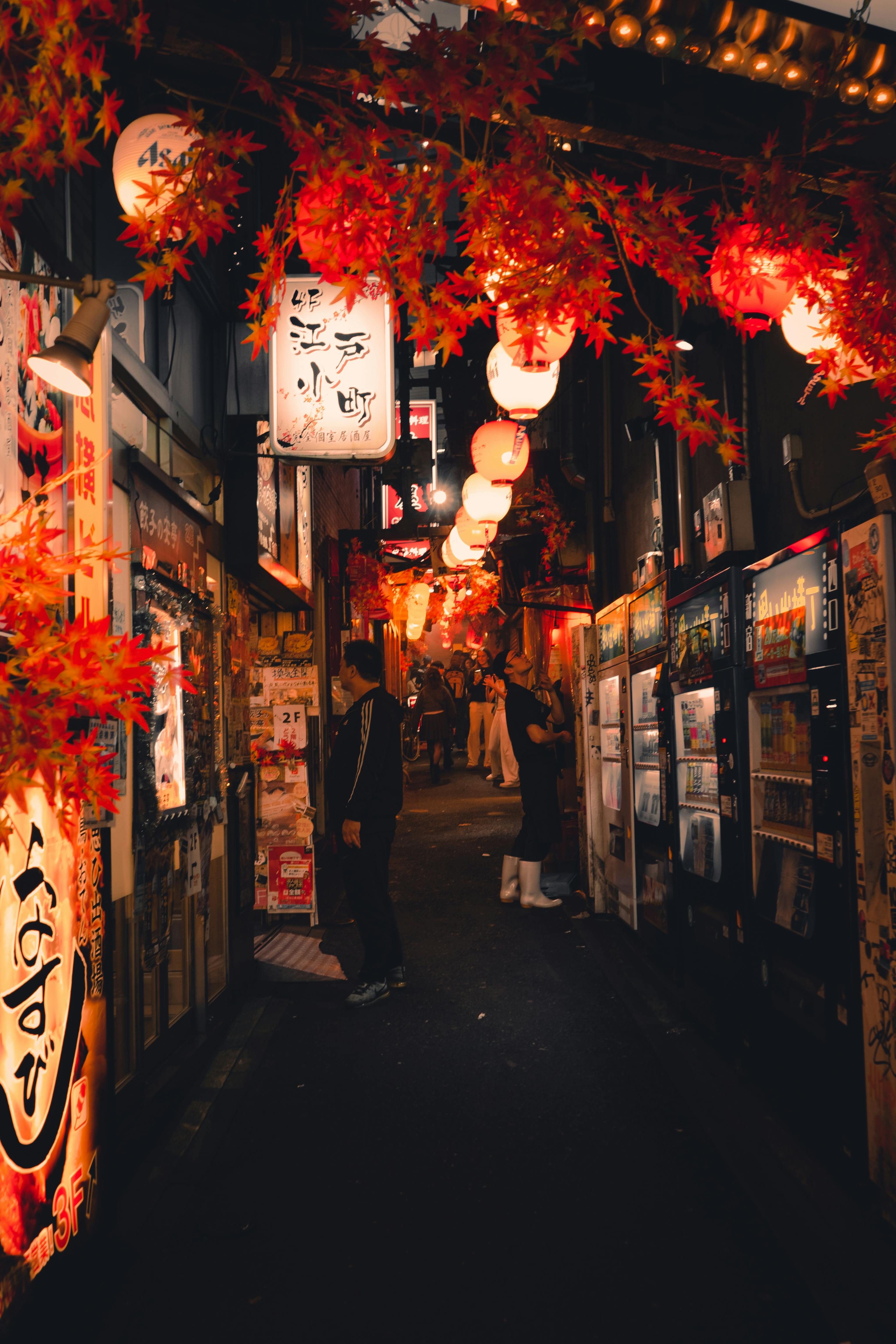 Captivating night view of a bustling alleyway in Tokyo, adorned with lanterns and autumn leaves.