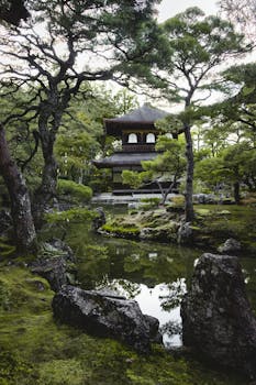 Serene garden view of Ginkaku-ji Temple in Kyoto, Japan, showcasing traditional architecture and lush greenery.