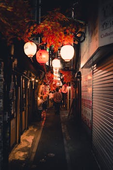 Experience the enchanting ambiance of a lantern-lit alley in Tokyo, Japan, with vibrant autumn foliage.