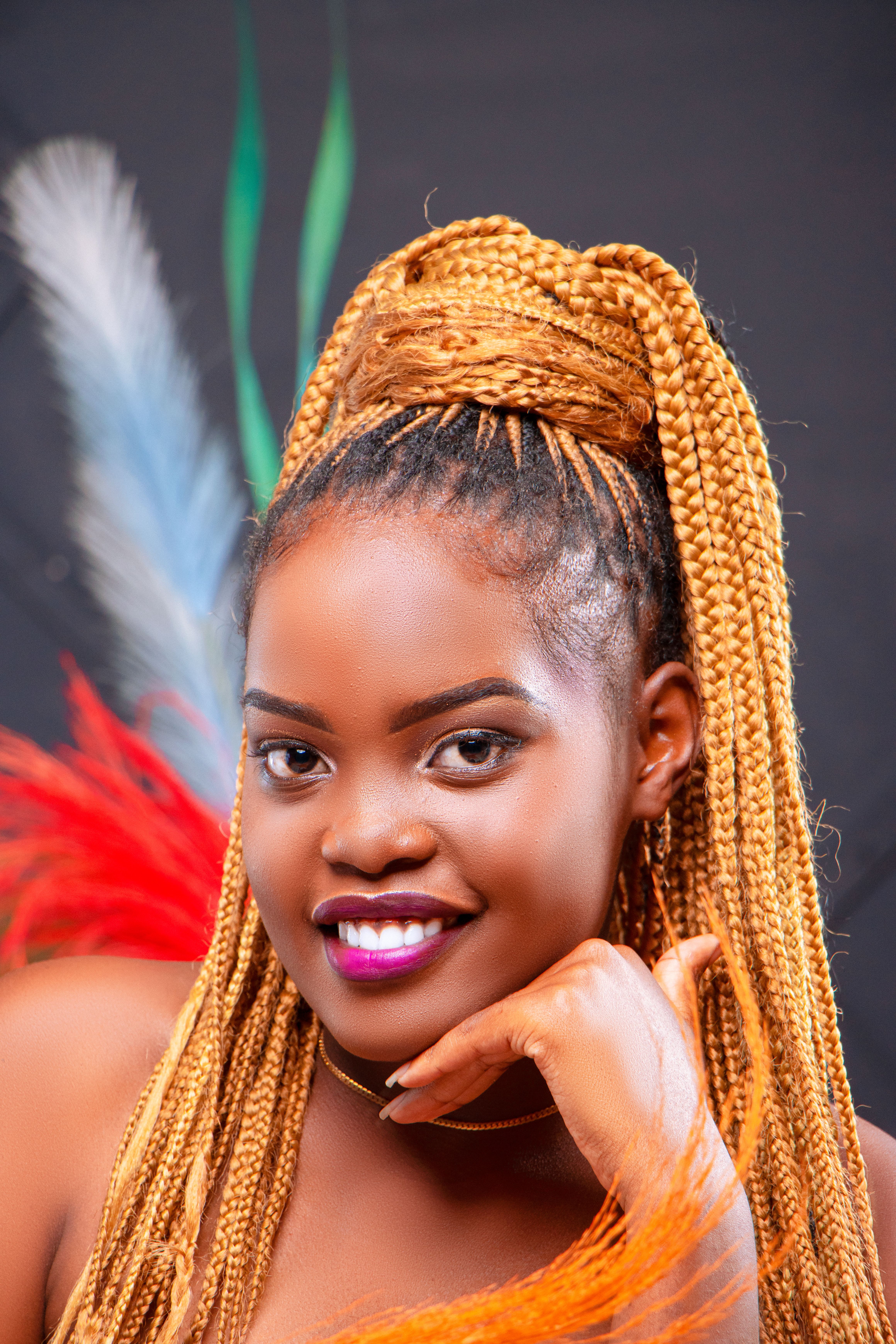 Stunning portrait featuring a woman with vibrant braided hair and colorful feathers.