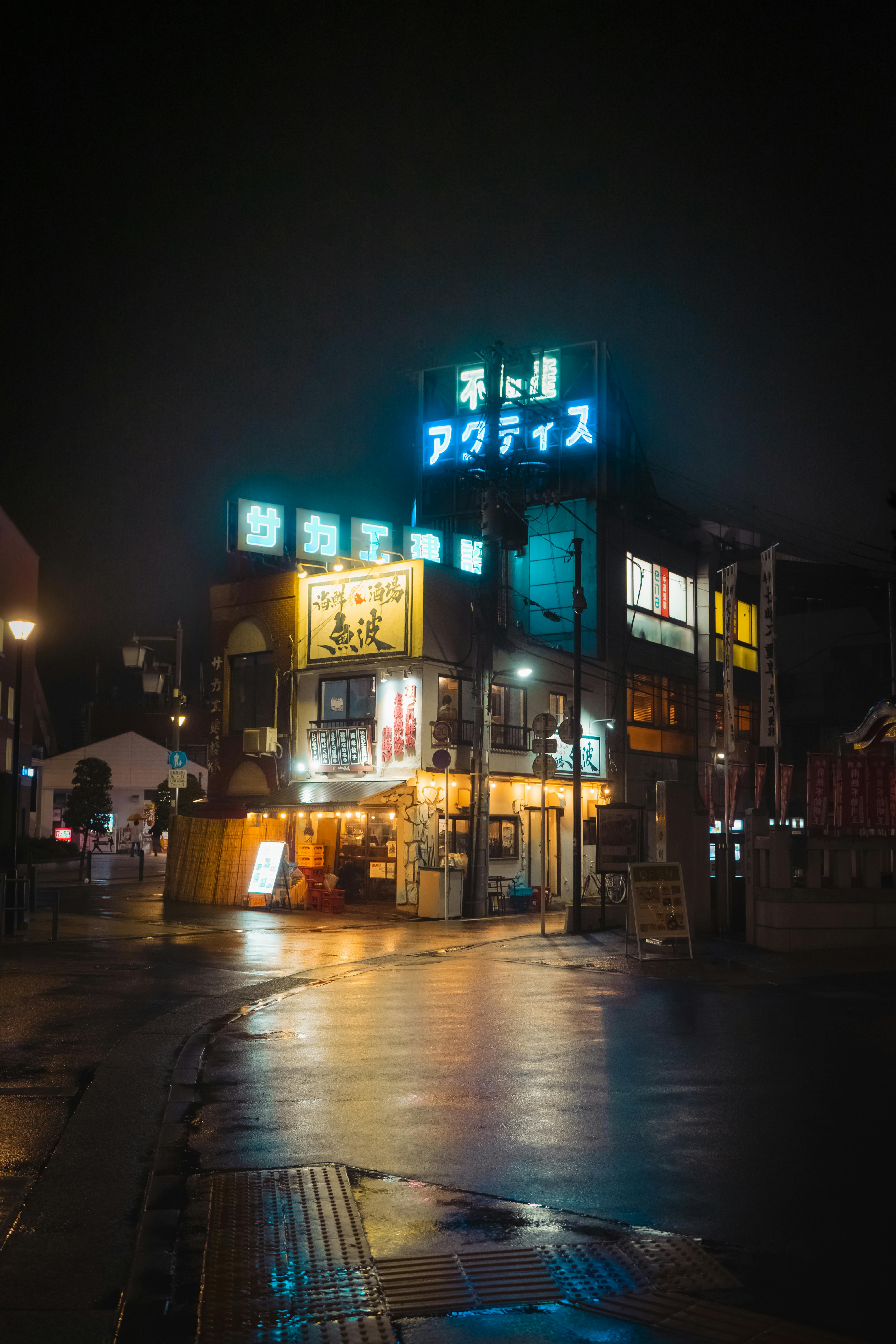 Atmospheric night street view in Japan showcasing vibrant neon signs and wet pavement.
