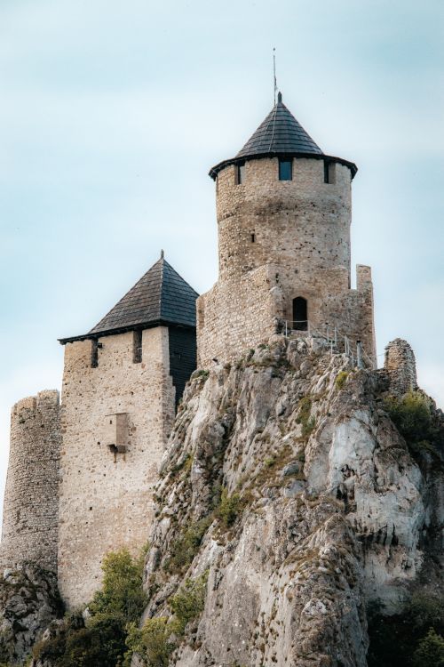 Free Serene view of Golubac Fortress perched on rocky terrain in Serbia, embodying medieval architecture. Stock Photo