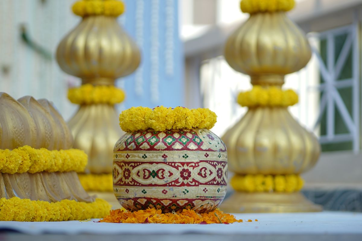 Indian Haldi decoration with marigold flowers