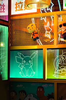 A vibrant and colorful anime-themed restaurant decor in Tokyo, featuring iconic neon signs and plush toys.