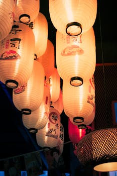 Glowing lanterns create a moody, cultural ambiance in a Tokyo restaurant.