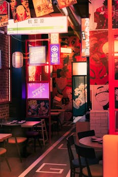 Explore the lively interior of an anime-themed restaurant in Tokyo, featuring colorful neon signs and decor.