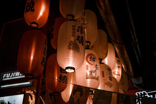 A captivating display of Japanese paper lanterns glowing at night in Tokyo.