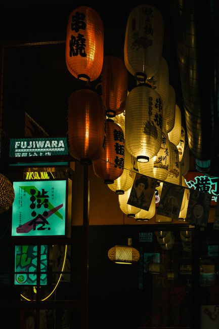 Discover the moody ambiance of Tokyo's streets with traditional lanterns and neon signs.