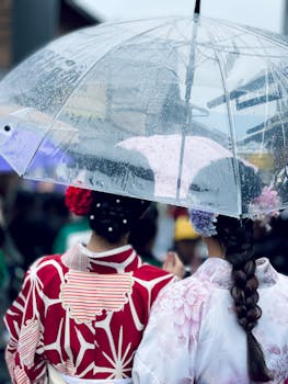 Two women in traditional kimonos walk under a clear umbrella during rain in Kyoto's vibrant street.