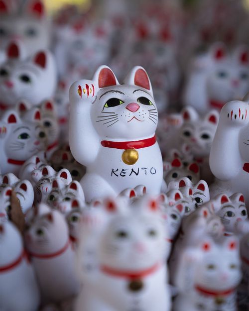 Free A collection of lucky cat statues in a Tokyo shop, symbolizing good fortune. Stock Photo