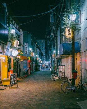 A vibrant alleyway at night illuminated by traditional lanterns, capturing the essence of urban life.