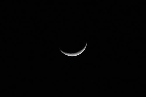 Free A sharp crescent moon glowing against a dark, starless night sky. Stock Photo