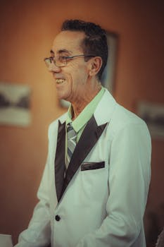 A man in a formal tuxedo smiles warmly indoors.