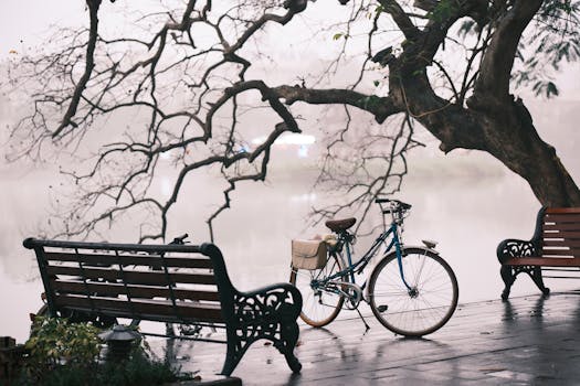 A peaceful view of a bicycle near empty benches by a misty riverbank.