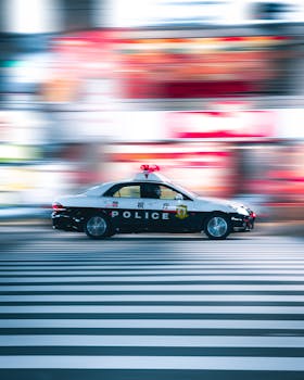 A Tokyo police car speeding through the city streets at night, showcasing urban life and safety.