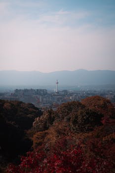 Explore the stunning Kyoto skyline with Kyoto Tower and vibrant autumn foliage.