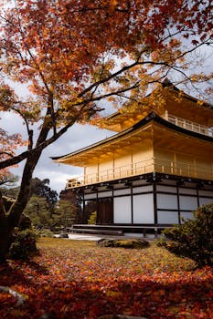 Golden Pavilion at Kinkaku-ji Temple surrounded by autumn foliage in Kyoto, Japan.