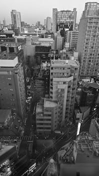 Aerial view of a bustling city with tall buildings in monochrome.