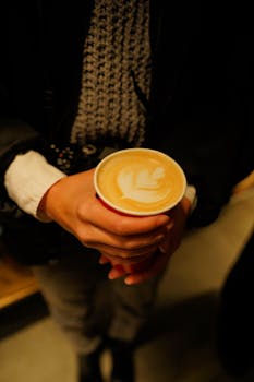 A close-up view of hands holding a cup of coffee with heart-shaped latte art.
