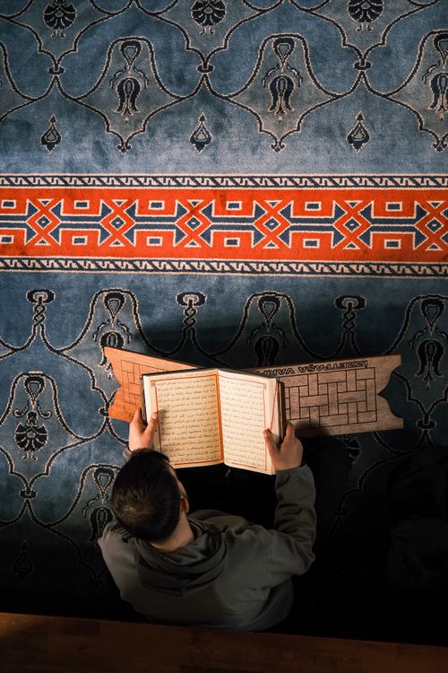 Free Person reading religious text on patterned carpet, seen from above. Stock Photo