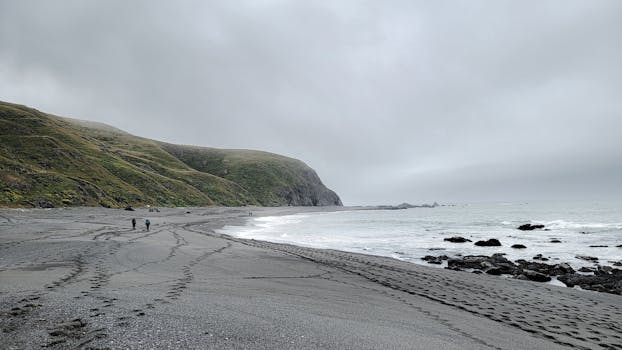 Serene coastline with footprints and rocky waves under overcast sky.