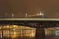 夜晚的城市景观中，一座明亮的桥梁横跨在平静的水面上，倒影闪烁，远处的地标依稀可见