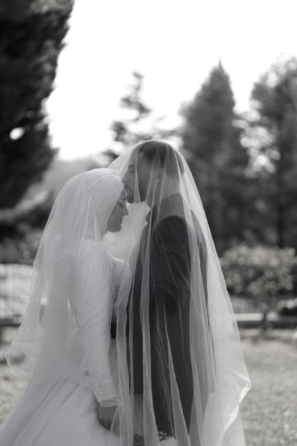 A romantic black and white photograph capturing a couple on their wedding day under a veil.