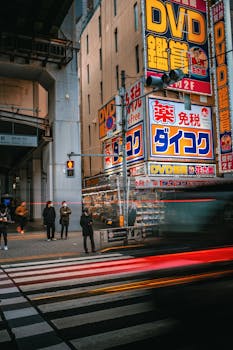 Vibrant Tokyo street view with dynamic motion blur and iconic signage.