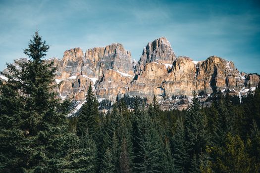 Stunning view of Castle Mountain surrounded by lush forest in Jasper National Park.