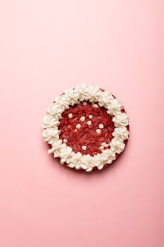 Top view of a red velvet cake with cream frosting on pink background.