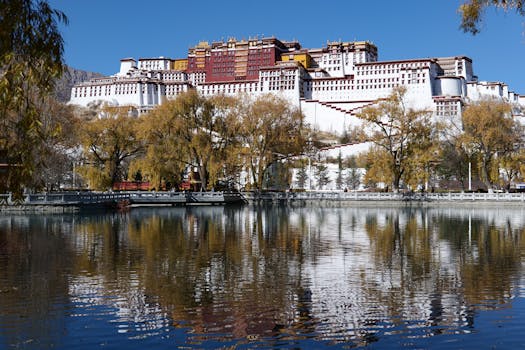 Stunning view of Potala Palace with its reflection in serene water in Lhasa, Tibet.